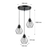 A black three-light pendant lamp with wire cage shades, shown with dimensions indicated. Náhled obrázku produktu