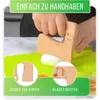 A child's hands are using a wooden dinosaur-shaped knife to cut dough on a green cutting mat. There are inset images showing details of the knife and text overlays. Produktbild-Vorschau