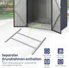 A metal shed with its base frame shown separately, with icons and text describing its features. Náhled obrázku produktu