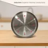 The bottom of a stainless steel kettle is shown on a wooden surface, with red arrows indicating heat distribution. Produktbild-Vorschau