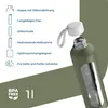 A glass water bottle with a silicone sleeve and its cap is shown, with a list of features on the left side. Produktbild-Vorschau
