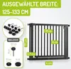 A black metal safety gate is shown with various measurements and included accessories displayed. Produktbild-Vorschau