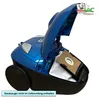 A blue vacuum cleaner with its lid open, showing a vacuum bag inside. Produktbild-Vorschau