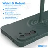 A dark green phone case is shown with a liquid-like substance pouring onto it, creating ripples. Text overlays describe the features of the case. Produktbild-Vorschau