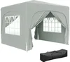 A light gray pop-up gazebo with windows and curtains is shown, along with a black carrying bag. Podgląd zdjęcia produktu