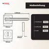 Diagrams and measurements of a door handle set, with accompanying text instructions. Produktbild-Vorschau