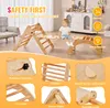 A child playing on a wooden climbing set indoors, with close-up shots highlighting product features. Náhled obrázku produktu