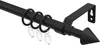 A close-up studio shot of a black curtain rod with rings and a finial. Produktbild-Vorschau