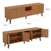 Two views of a wooden TV stand with dimensions indicated by text overlays. Produktbild-Vorschau