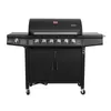 A black gas grill with side shelves and a cabinet base, shown from the front on a white background. Produktbild-Vorschau