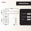 Diagrams and measurements for a door handle set, along with a list of dimensions and corresponding product parts. Produktbild-Vorschau