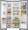 An open side-by-side refrigerator with food items inside. Produktbild-Vorschau