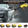 A person is using a yellow pressure washer to clean a car. Several batteries are displayed at the bottom. Produktbild-Vorschau
