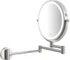 A silver LED cosmetic mirror with an extendable arm, mounted on a white background. Produktbild-Vorschau