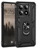 A black rugged phone case with a ring holder is shown next to a smartphone displaying a forest scene and the time. Produktbild-Vorschau