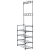 A black metal coat rack with multiple shelves for shoes and hooks for clothes, shown against a white background. Anteprima dell’immagine prodotto