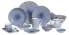 A collection of ceramic tableware with a blue and white geometric pattern. Produktbild-Vorschau