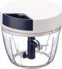 A manual food chopper with a clear plastic container and a white lid with a dark blue pull handle. Produktbild-Vorschau