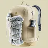 A beige Deuter backpack with a grey hoodie tied to the front and a silver water bottle in a side pocket. Voir les images du produit