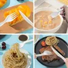 A collage of four images showing plastic cutlery being used with different foods, including bread, soup, pasta, and steak. Produktbild-Vorschau