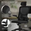 A black ergonomic office chair with various feature callouts. Produktbild-Vorschau