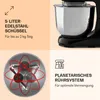 A collage of images showcasing features of a kitchen mixer, including its bowl, mixing mechanism, and text descriptions of its capacity and functionality. Produktbild-Vorschau