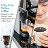 A collage showing a coffee machine brewing coffee, a glass of coffee, and a person holding a mug of coffee. Produktbild-Vorschau