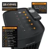 A close-up of a black tower fan with its control panel and remote control visible. Several informational callouts and text boxes highlight features and functions. Produktbild-Vorschau
