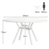 A white round dining table with dimensions shown. A silhouette of a person is also present for scale. Náhled obrázku produktu