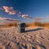 A dark gray bucket sits on a sandy beach with tall grass and a blue sky with clouds in the background. Anteprima dell’immagine prodotto