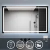 A modern bathroom mirror with integrated LED lighting, showing its features through icons and text at the bottom.