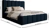 A navy blue upholstered bed with dimensions indicated by measurement lines and numbers. Produktbild-Vorschau