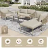 An outdoor patio set with a sofa, chair, chaise lounge, and tables, arranged on a rug. Podgląd zdjęcia produktu