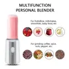 A personal blender with a smoothie in the bottle, surrounded by images of ingredients and text describing its uses. Produktbild-Vorschau
