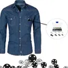 A denim shirt is shown next to a box of snap fasteners and a collection of snap fasteners. Produktbild-Vorschau