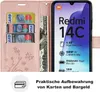 A pink wallet-style phone case with a phone inside, showing credit cards and a banknote. The phone screen displays product specifications. Produktbild-Vorschau