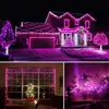 A collage of images showing a house decorated with pink Christmas lights, a window with Christmas lights and a tree, and plants illuminated by pink lights. Produktbild-Vorschau
