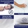 A collage of images showcasing a pillow, including a person sleeping on it, a close-up of the fabric, and icons representing features. Produktbild-Vorschau