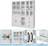 A collage of images showing a white cabinet with glass doors and drawers, along with close-ups of its features. Podgląd zdjęcia produktu