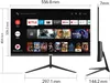 A monitor with a smart TV interface displayed on the screen, shown from the front and side with dimensions indicated. Produktbild-Vorschau