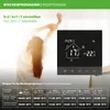 A woman stretching in front of a digital thermostat displaying temperature and settings, with a weekly program chart below. Produktbild-Vorschau