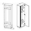 Two views of a tall, narrow cabinet or wardrobe, one with dimensions indicated and the other showing the interior with a hanger and weights. Produktbild-Vorschau