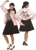 A woman modeling a 1950s-style Pink Ladies jacket and skirt outfit. Produktbild-Vorschau