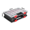 A black plastic organizer box with red latches and a transparent lid, showing multiple compartments. Dimensions are indicated with text. Produktbild-Vorschau