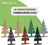 A collection of wooden Christmas trees in various colors displayed on a white background with a green overlay. Produktbild-Vorschau