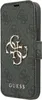 A close-up view of a gray book-style phone case with a repeating Guess logo pattern and a prominent Guess logo emblem. Podgląd zdjęcia produktu