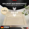 A wooden slatted bed base with promotional text and graphics. Produktbild-Vorschau