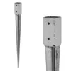 Two views of a galvanized steel fence post anchor on a white background. Voir les images du produit
