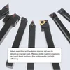 A collection of metal lathe tools with cutting inserts, arranged in a fanned pattern against a light gray background. A text box with product features is overlaid on the bottom right. Produktbild-Vorschau