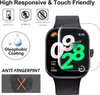A smartwatch screen protector is shown applied to a smartwatch, with marketing text and icons highlighting its features. Produktbild-Vorschau